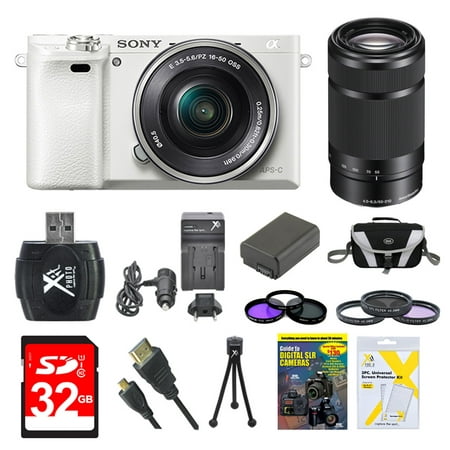 Sony Alpha a6000 White Camera with 16-50mm and Black SEL 55-210 Lenses 32GB Kit - Includes Camera with Lens, Second Lens, Memory Card, Carrying Case, 2 Filter Kits, Battery, Battery Charger and