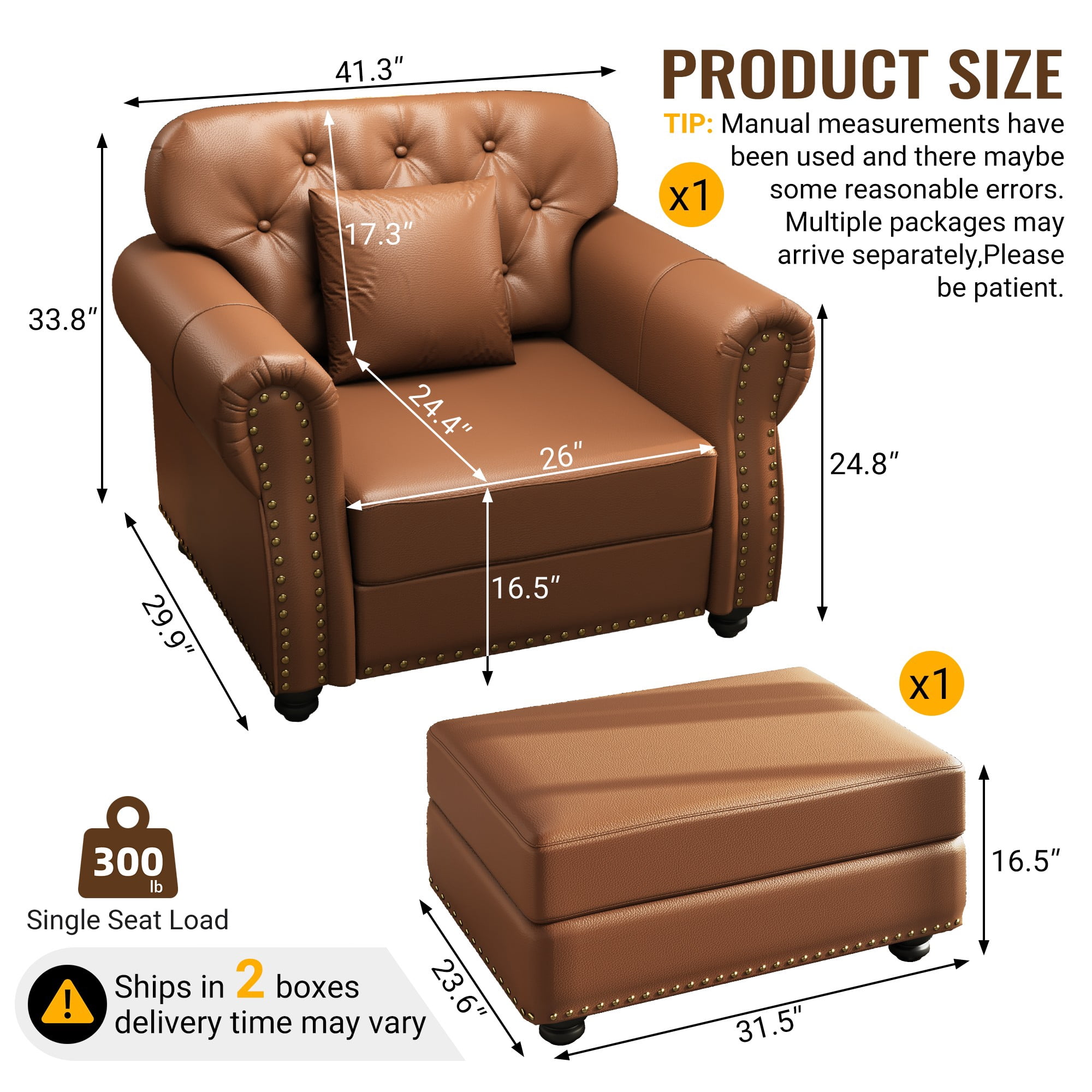 AENKYO 41.3" Faux Leather Chesterfield Chair and Ottoman Set, Mid-Century Tufted Accent Armchair with Pillow, Brown