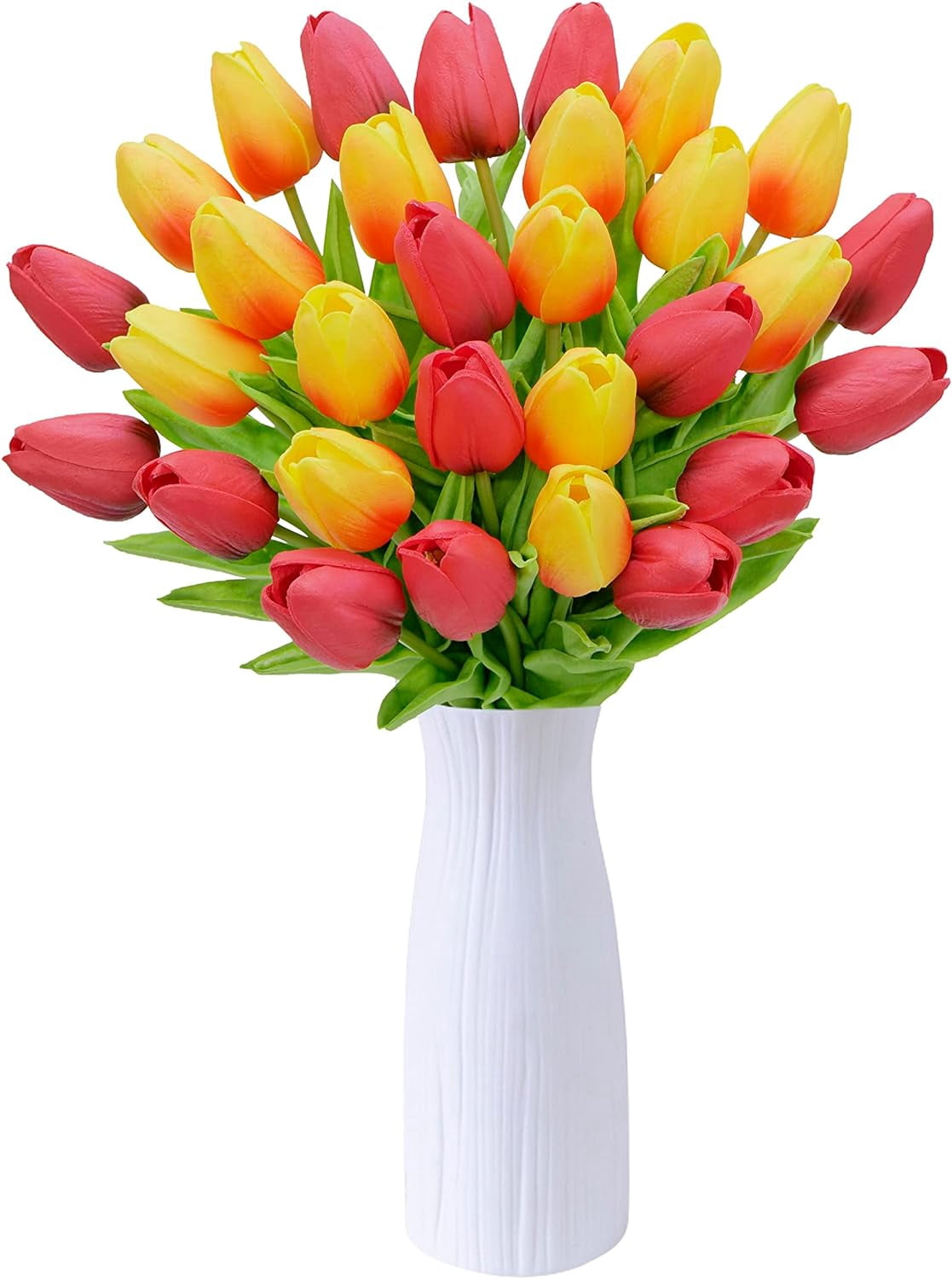 30Pcs Artificial Tulip Flowers Faux Tulip Stems PU Real Touch Tulips 13.7" for Spring Easter Vase Wedding Bouquets Floral Arrangements Wreath Table Centerpiece Indoor Outdoor Decoration (Orange, Red)