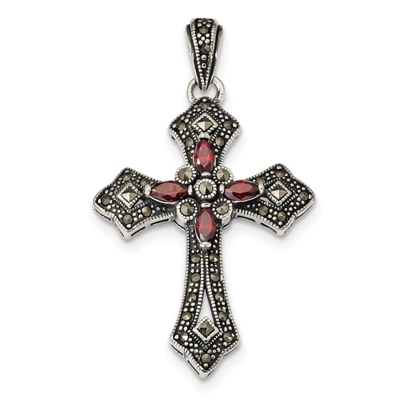 Sterling Silver Red Cubic Zirconia and Marcasite Cross Pendant - Measures 53x31mm Wide