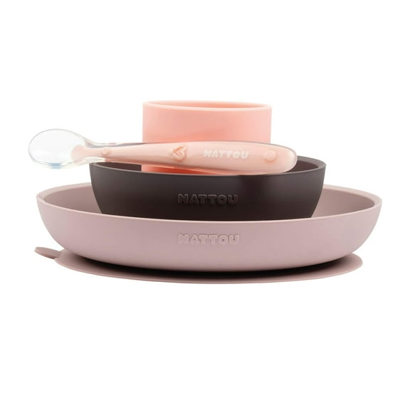 Silicone Children Tableware Set of 4 Pieces, Complete Meanl with Plate, Bowl, Cup, Spoon - Safe, Stylish, Portable - Pink, Eggplant