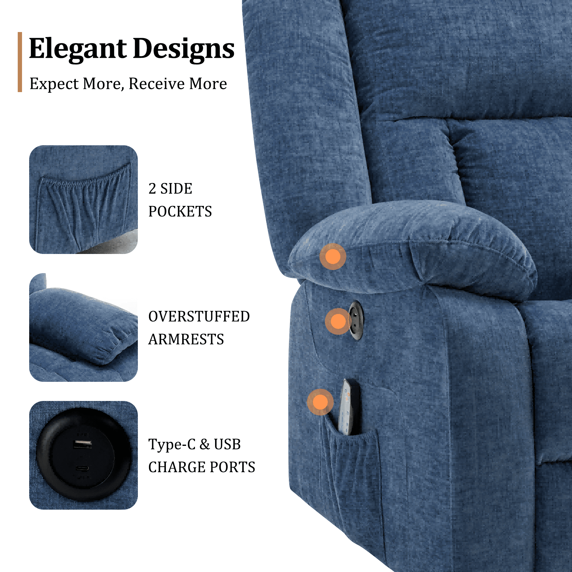 Korser Massage Swivel Rocker Recliner Chair with USB Ports Chenille for Living Room,Blue