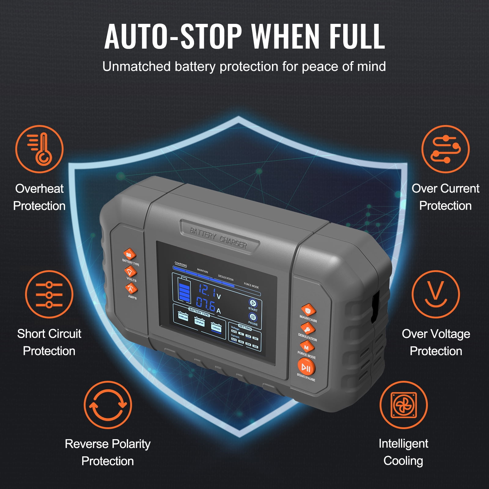 KFFKFF Smart Battery Recharger, 35-Amp, Compatible with Lithium LiFePO4 and Lead-Acid (AGM / Gel / SLA) Car Batteries, Comes with LCD Screen