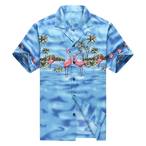 blue shirt with flamingos