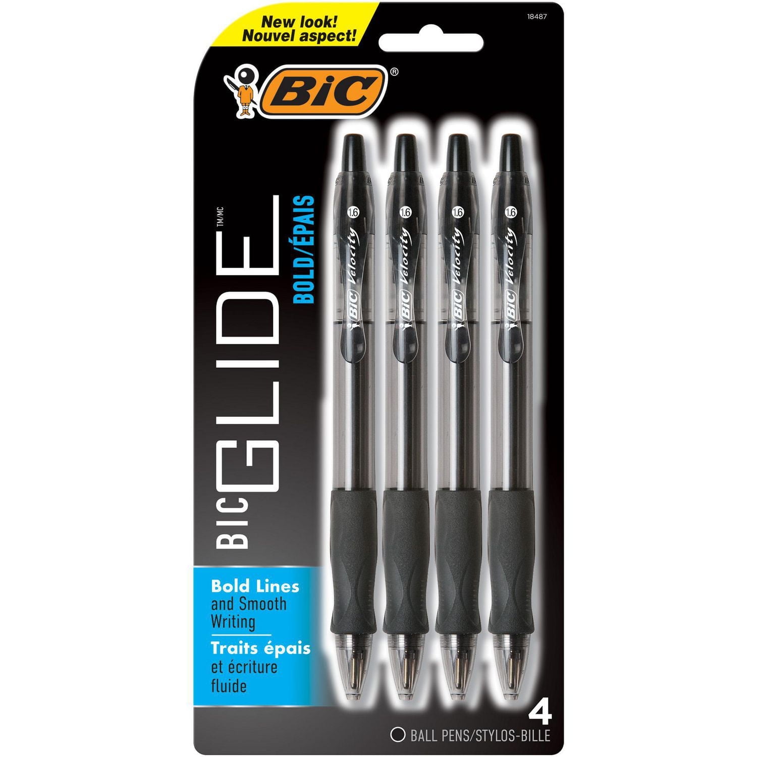 Stylo-bille rétractable ÉPAIS BIC GLIDETM/MC, Pointe épaisse (1,6 mm), Noir, Idéal pour une utilisation quotidienne, 4 unités Paq. de 4