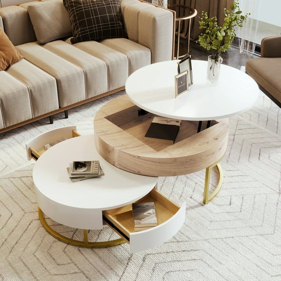 Euroco Modern Round Lift-top Nesting Coffee Tables with 2 Drawers White & Natural