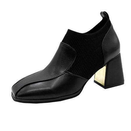 

Cglfd Women S Fashion Retro Splicing High Heels Shoes Chunky Heel Square Toe Knitting Shoes