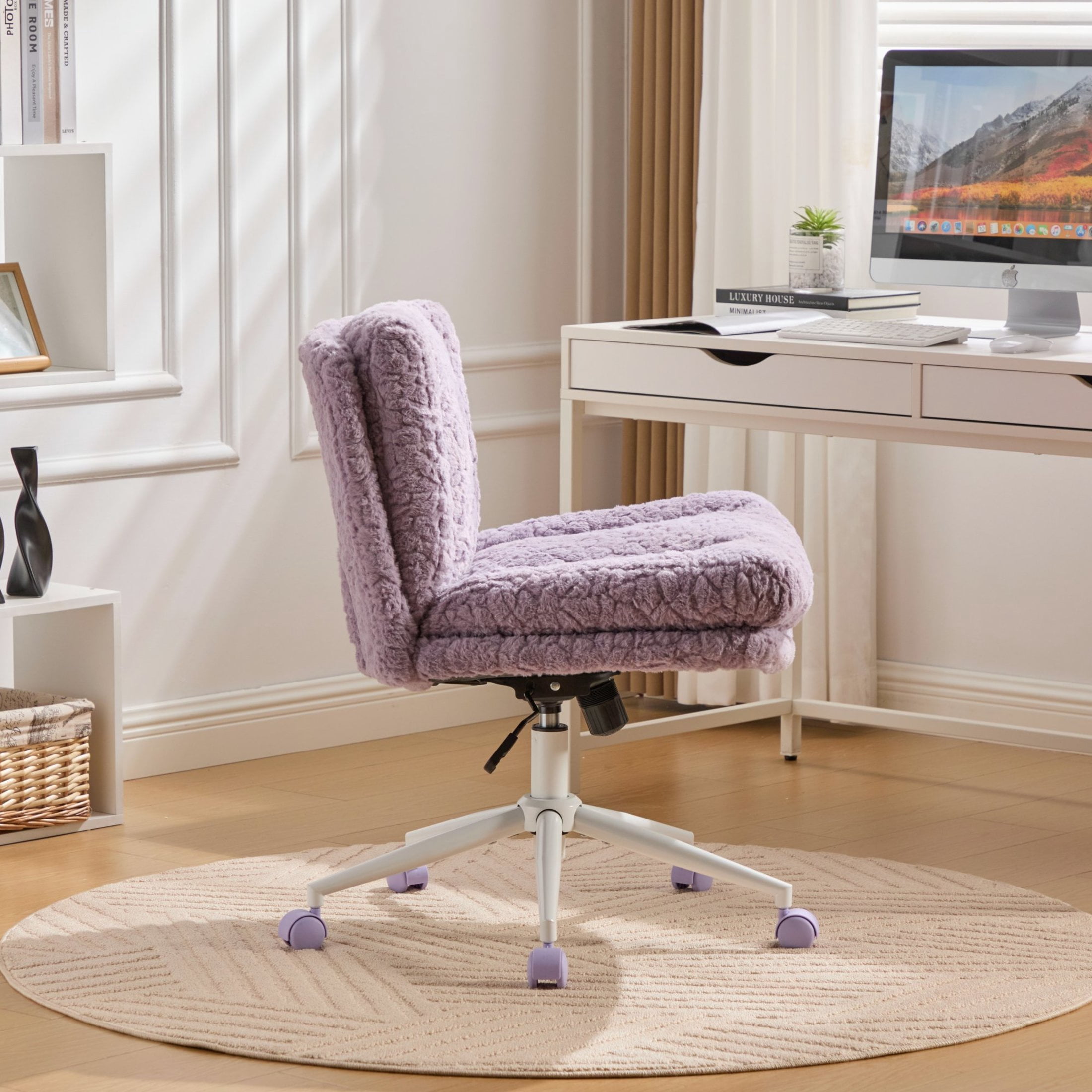 GDF Studio 26.4"W Seat Office Chair with Faux Fur Upholstery, Adjustable Height, Swivel Metal Base, Violet