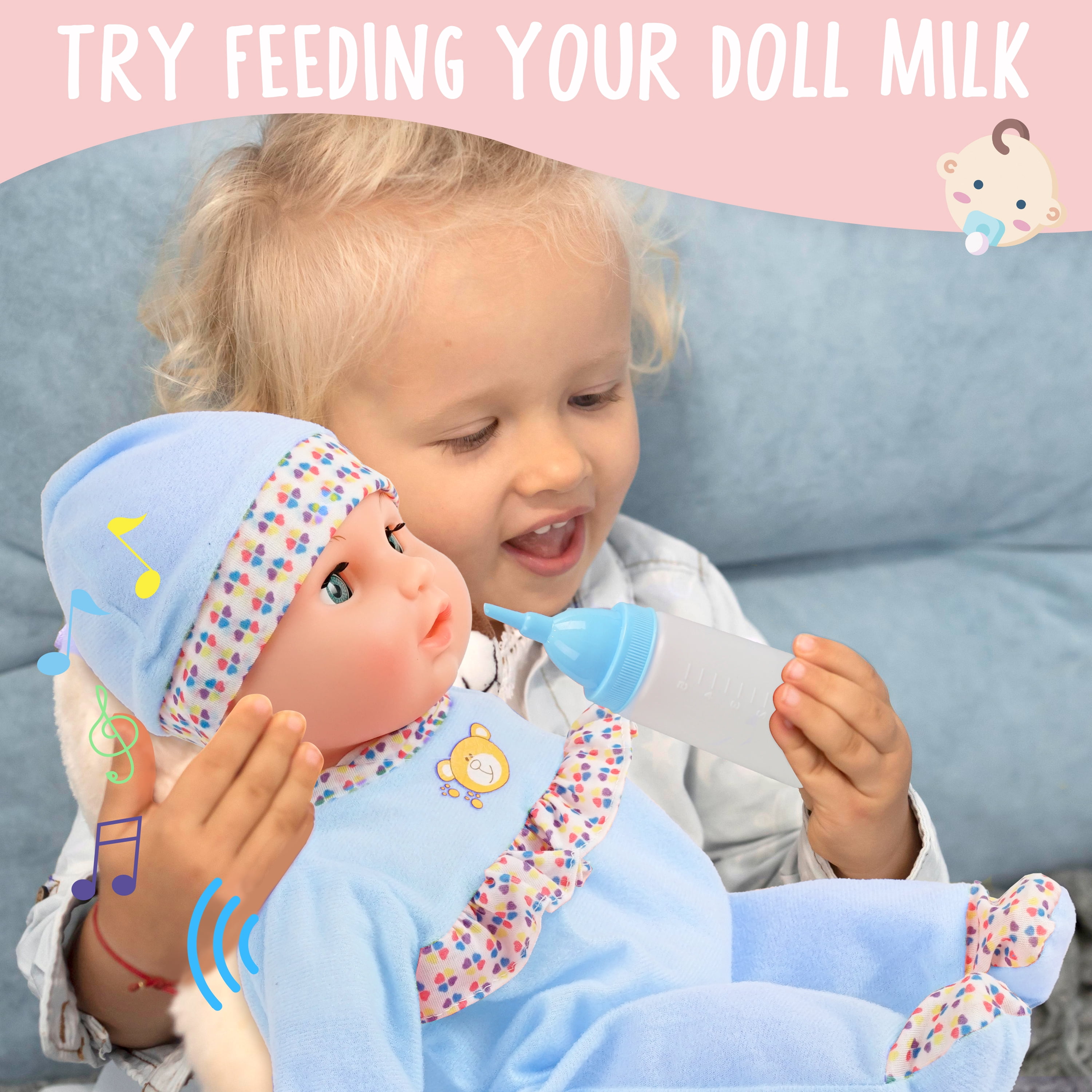 Baby Doll Blue with White Skin, Toy Choi's 16 Inch Baby Doll, Can Crying Talking Feeding with Different Sounds Baby Doll, Play Preschool Toys Gift for 3-6 Girls Boys