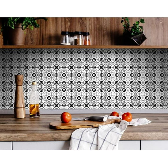homeroots home decor 399967 6" X 6" Black and White Gerber Peel and Stick Removable Tiles