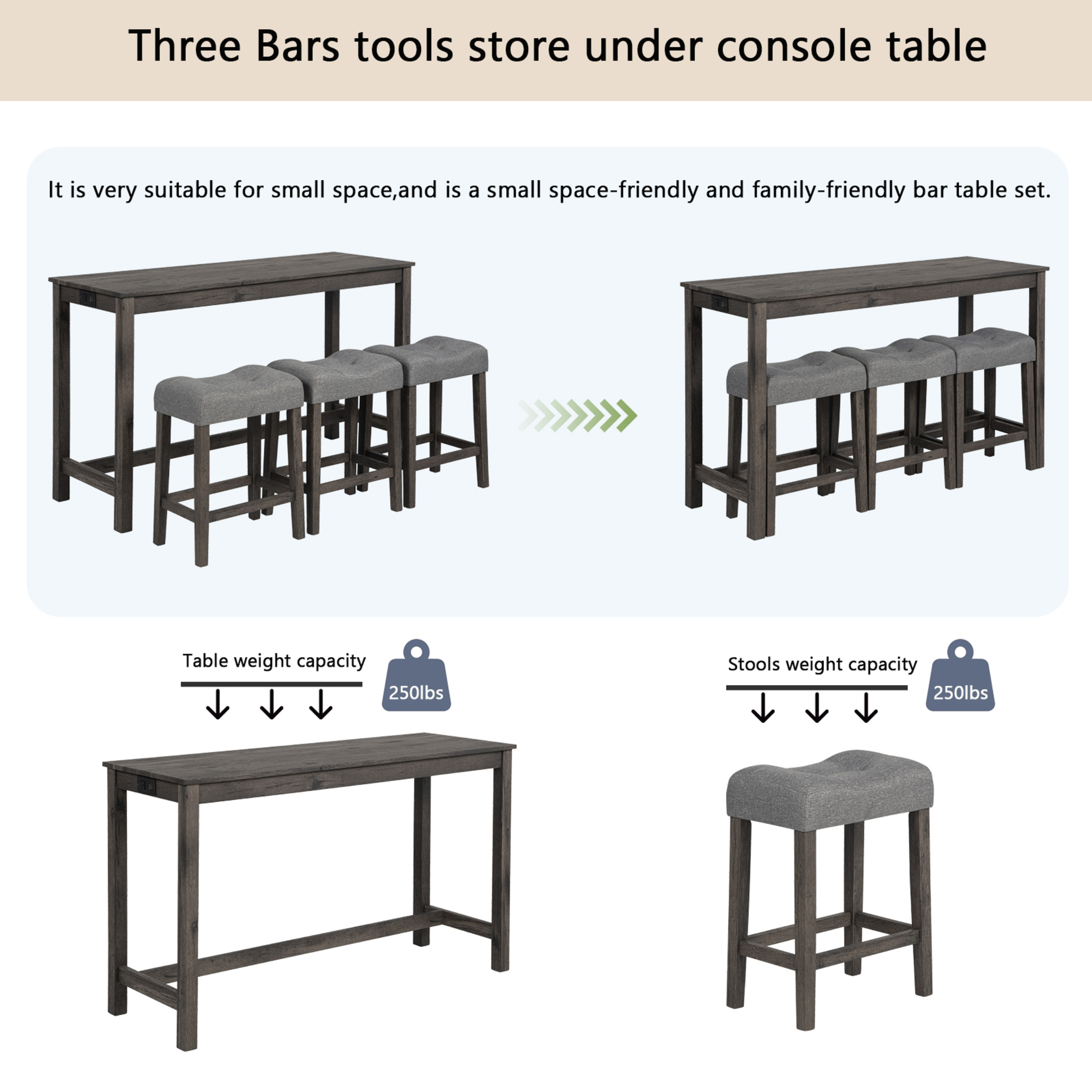 Noble House 35.5"H Dining Bar Table Set with Power Outlet, Upholstered Counter Stools for 3, Dark Gray Finish