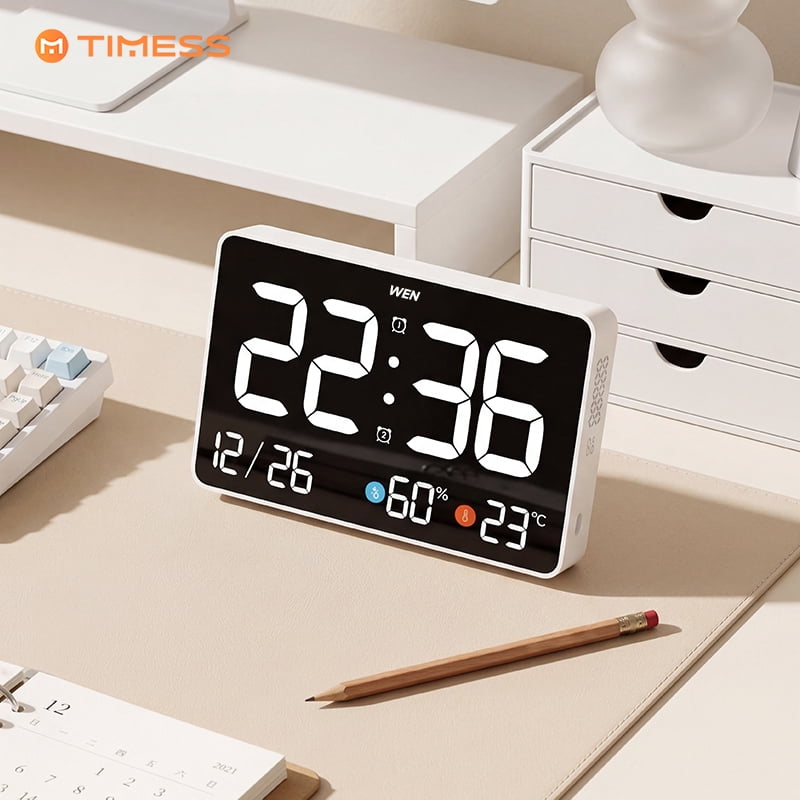 TIMESS 11 Inch Large Display LED Digital Alarm Clock with Date, Day, Temperature, Humidity, Dual Alarm, Plug-in, Wall Mountable or Tabletop Black