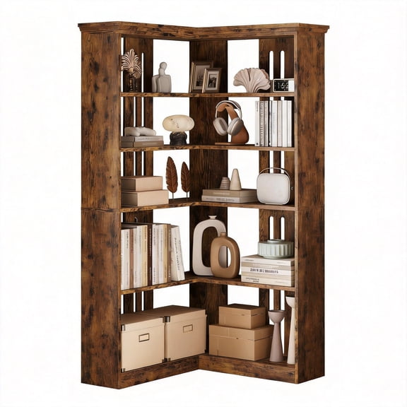 Riedhoff 72.8" Large Wood Bookcase, 5 Tier Corner Shelf, L Shaped, Retro Color