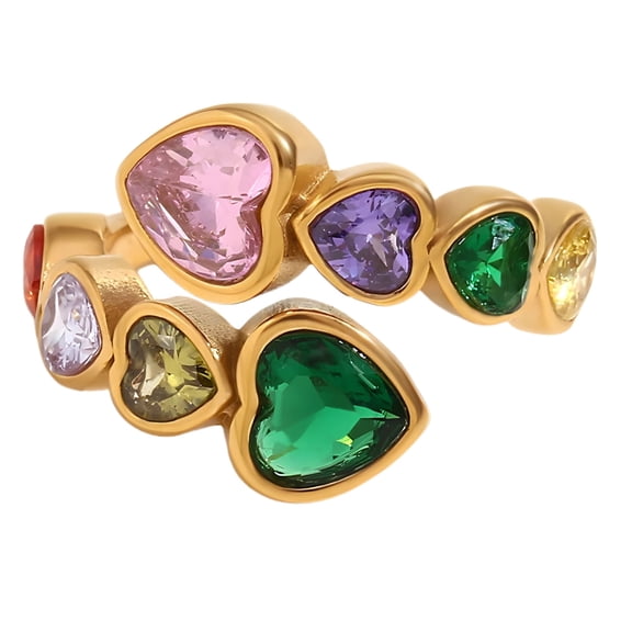 Gold Hearts Wrap Ring for Women 18kt Gold Plated Stainless Steel Adjustable Colorful CZ by Ginger Lyne Collection