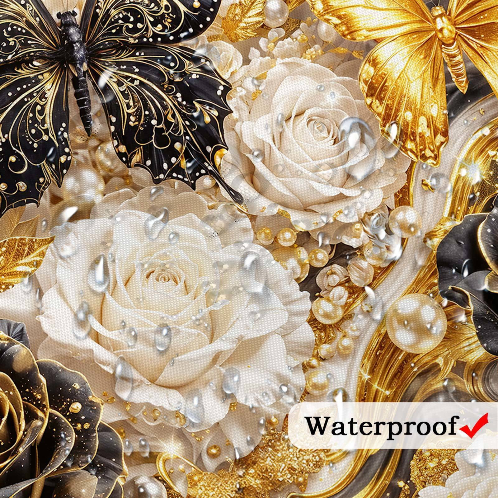 Luxury Black and Gold Butterfly Floral Shower Curtain, Elegant Marble Rose Modern Texture Shower Curtains for Bathroom Decor, Elegant Golden Fluid Aesthetic Bath Curtain Set with Hooks, 48X70IN