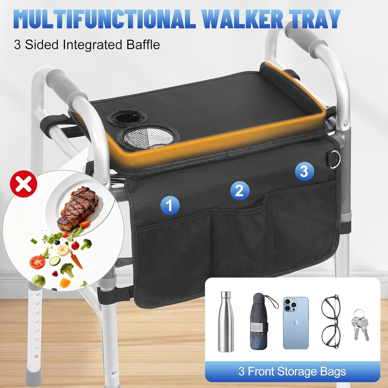 Rhino Valley Walker Tray for Folding Walker, Tray for Walkers with Non-Slip Mat for Food, 3 Front Pockets & 2 Cup Holders, Fits Most Standard Folding Walkers, Walker Accessories for Senior, Black