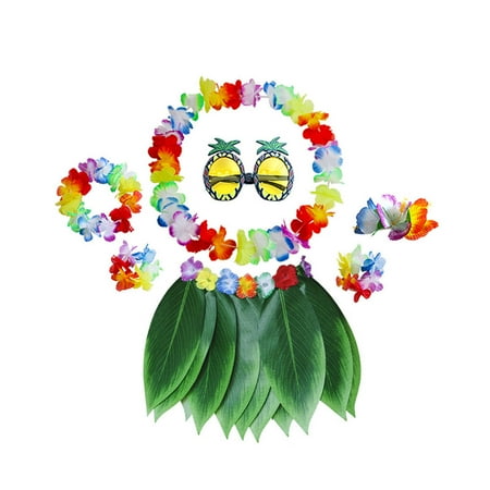 

HOMEMAXS 7PCS Hawaiian Party Clothing Kit Classic Wreath Leaves Skirt Pineapple Glasses Hibiscus Hairpin Kit Hawaiian Cosplay Clothes Kit for Home Party Beach Kids Style