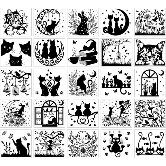 25Pcs Cat Animal Silhouette Mason Jar Decals Stickers Rabbit Flower Fairy Plastic Silhouette Wall Decals Stickers Adhesive Lantern Jar Stickers Window Lamp Decals Glass Art Home Decor