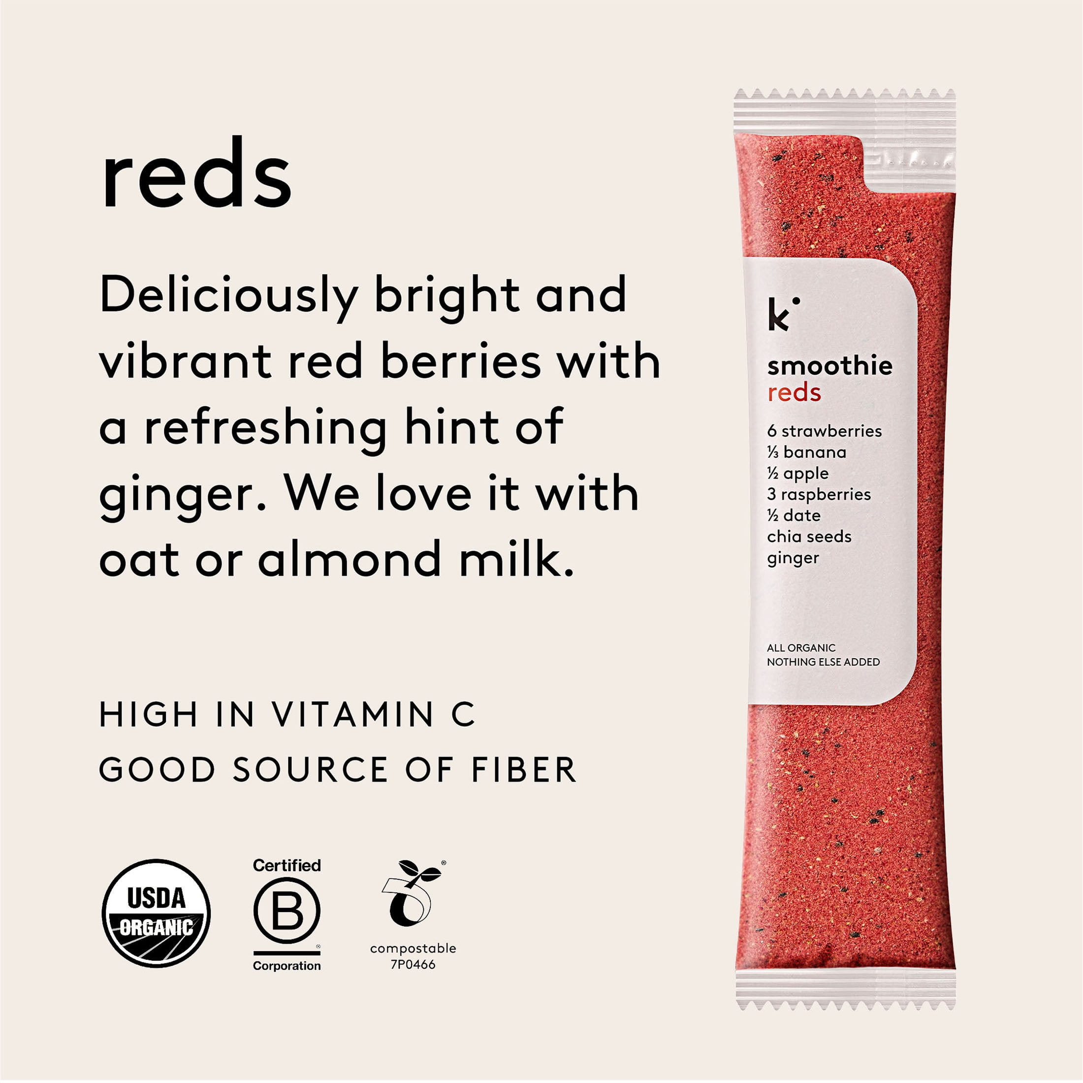 Kencko Reds Organic Instant Fruit & Veggie Smoothies, Powdered Drink Mix, .78 oz, 4 Pack