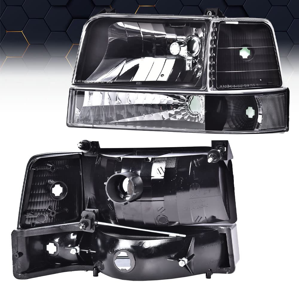 PIT66 Headlights HeadLamps w/Corner Signal Bumper Lamps Clear Lens Black Housing Clear Reflector Fit for 92-96 Ford F150/250/350 Bronco