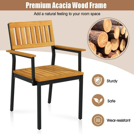 Costway Dining Chair Set of 2 with Acacia Wood Backrest Slanted Seat Comfortable Armrests - Natural + Black