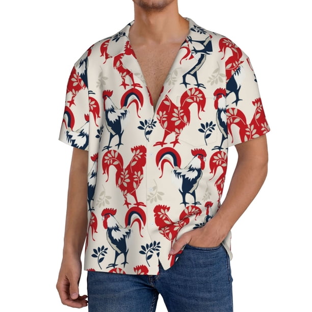 Balery Roosters Camisa Casual de Manga Corta con Botones para Hombre, Texturizada, Estilo Cubano, para Playa, Verano-Large