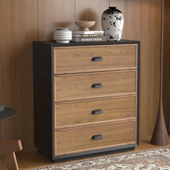 Modern Mid-Century Style 31.49” Bedside Nightstand, Wooden Three-Drawer Cabinet, Large-Capacity Storage Unit for Living Room and Office in Black Walnut Finish, 4 Drawers