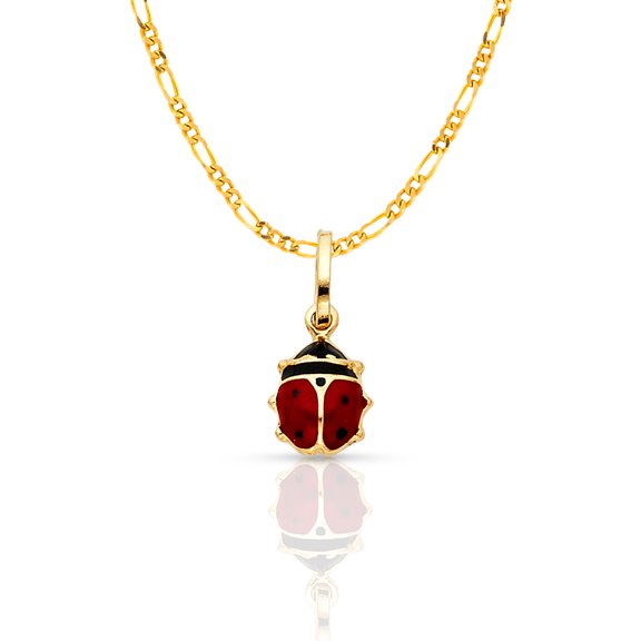 14K Yellow Gold Lady Bug Colored Enamel Lucky Charm Pendant with 1.6mm Figaro 3 1 Chain Necklace