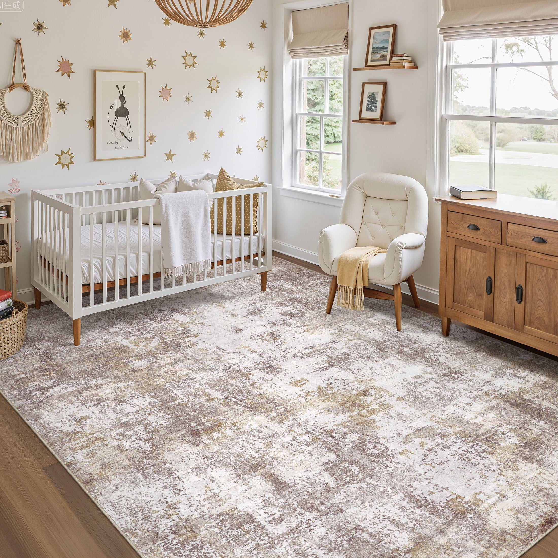 Uermei 9x12 Washable Area Rug: Modern Abstract Soft Non-Slip Indoor Large Rugs - Low Pile Stain Resistant Foldable Carpet for Living Room Bedroom Dining Room Office Home Decor - Golden Brown