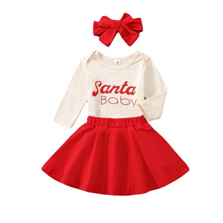 

AIMAOMI Xmas Baby Girls Long Sleeve Letter Print Romper Bodysuit Tops Solid Skirt With Headbands Christmas Set 3PCS Outfits H