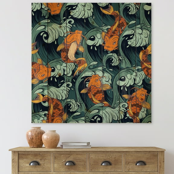 Designart 'Japanese Koi Fish on Sea Waves' Nautical & Coastal Print on Natural Pine Wood