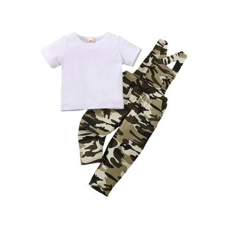

Sunisery 2Pcs Summer Infant Baby Boys Girls Clothes Set Short Sleeve Crew Neck T-Shirts Tops and Camouflage Straps Pants Overalls