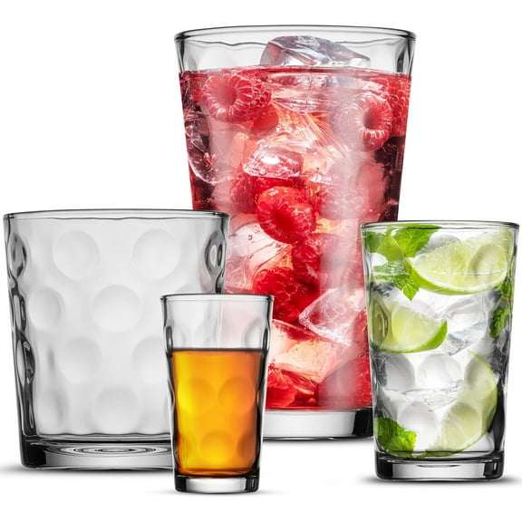 POPLASS Melrose 24-Piece Family Drinking Glasses Set - Drinking Glassware Set with Highball Cooler, DOF (Double Old Fashioned), Juice Glasses and Shot Glasses - 6 Each