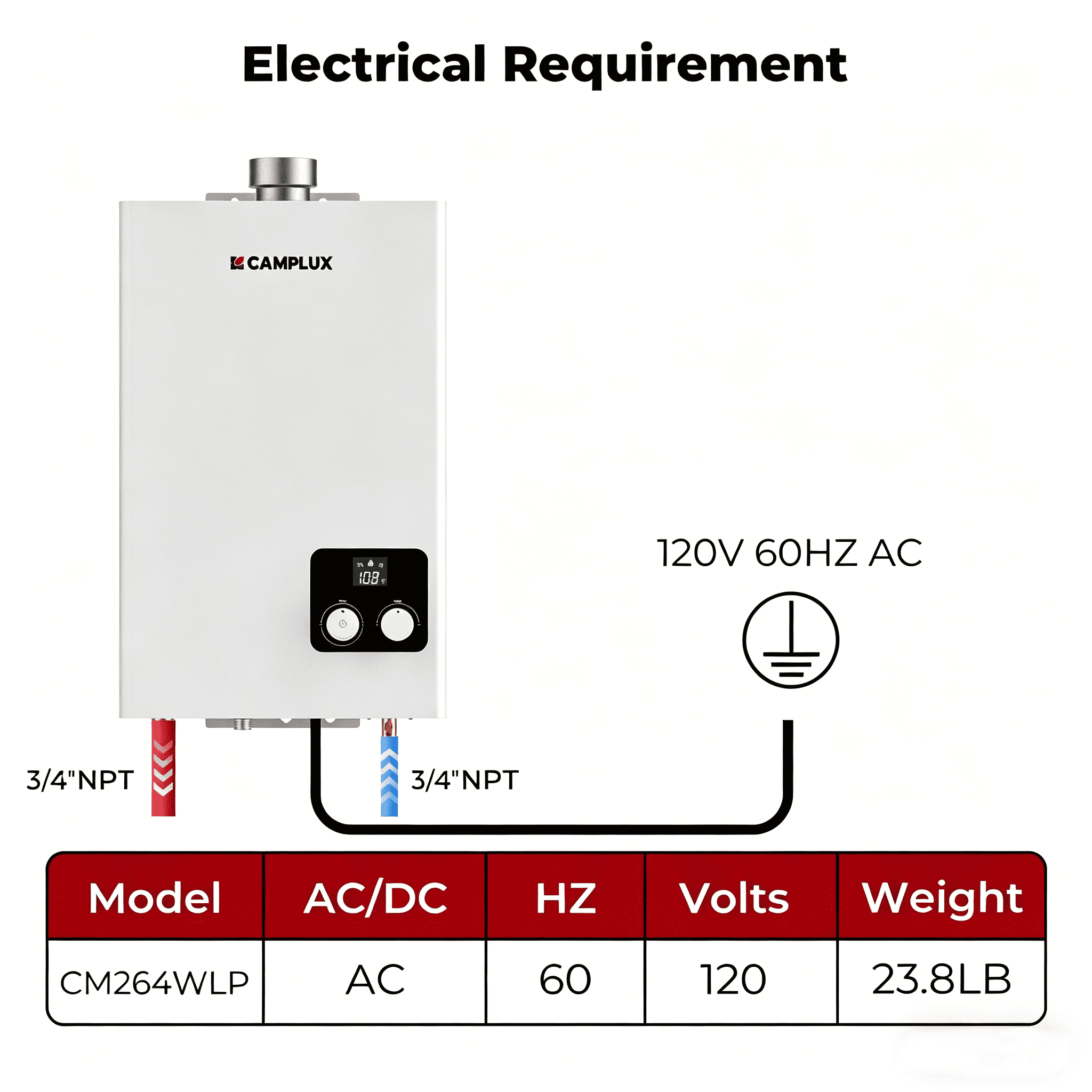 CAMPLUX 2.64GPM, 68,000BTU Indoor Tankless Propane Gas Water Heater, Energy Efficiency, 120V