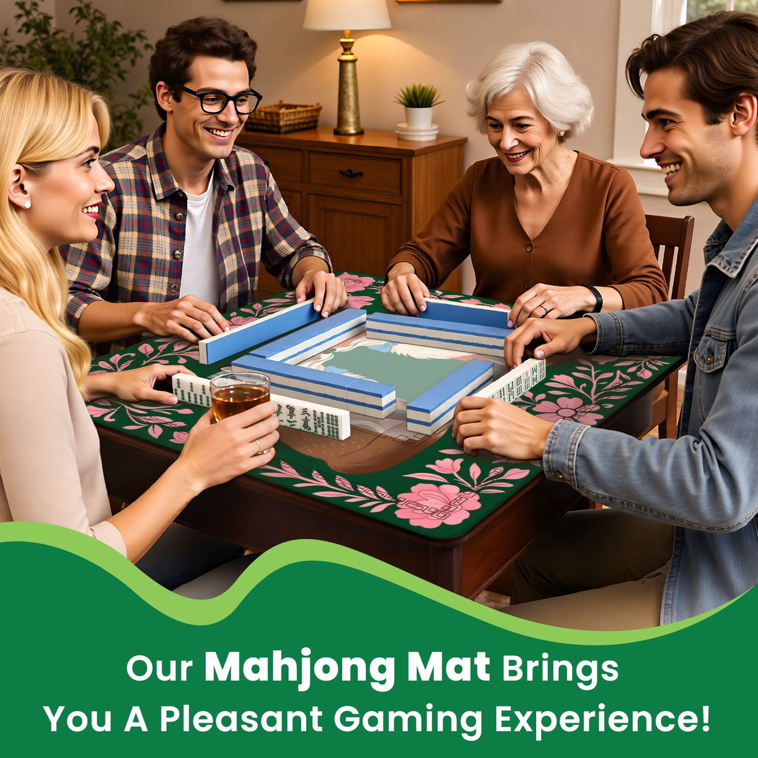 Mahjong Mat 31.5" x 31.5" Cute Fox Pair Blue Bow Ties Surrounded by Pink Floral Border Dark Non-Slip Noise Reduction American Mahjong Tiles Table Cover for Dominoes Poker Card Board Games Gift