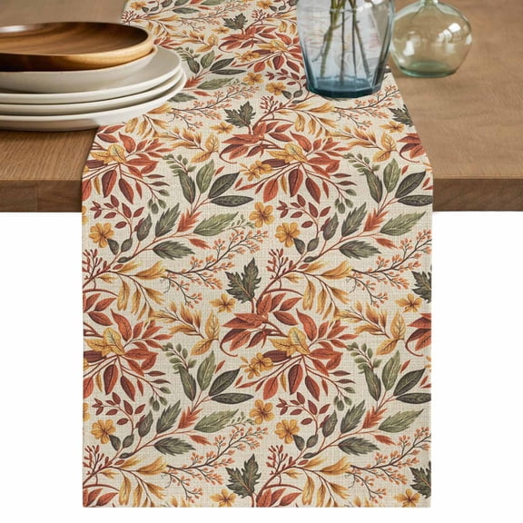 Fall Leaves Table Runner, Farmhouse Retro Botanical Floral Washable Cotton Linen Table Runners 72 Inches Long, Dresser Scarf Runner for Dining/Coffee/Kitchen/TV Stands/Cabinets 14''x72''