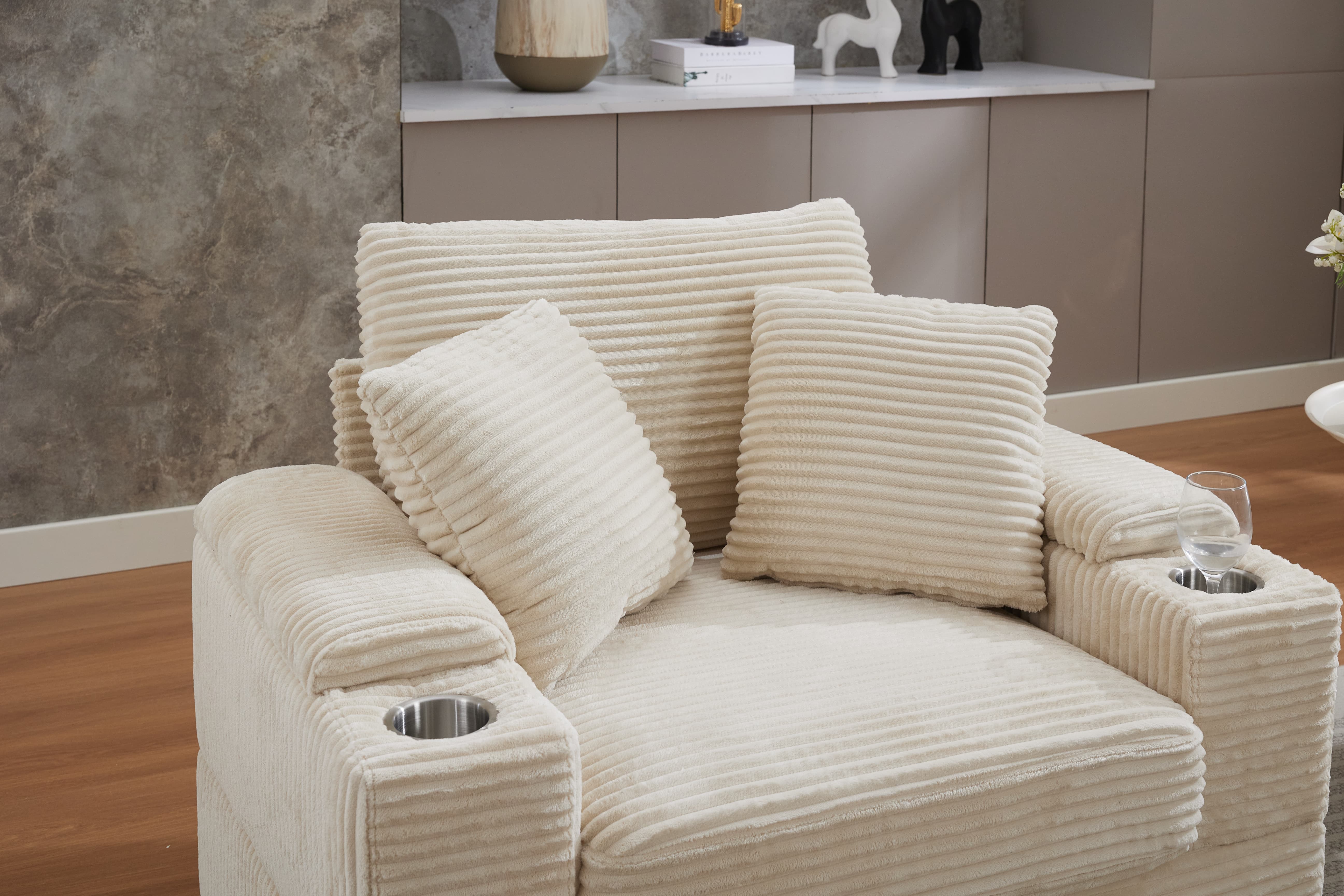 Chaise Lounge Chair Indoor Furniture, Corduroy Upholstered Chaise Lounge Sofa, Deep Seat Sofa with Handrail storage and Cupholders, Movable ottoman, Detachable Cushions for Living Room Bedroom,Beige
