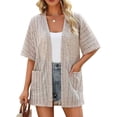 thumbnail image 2 of IYYVV Womens Crochet Beach Cover Up Kimono Short Sleeve Swimsuit Coverup Open Front Summer Cardigan with Pockets Khaki S, 2 of 8