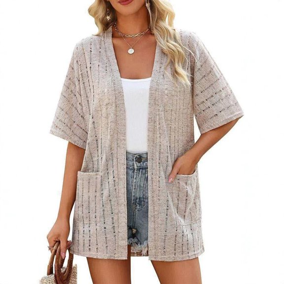 Nestiefly Womens Crochet Beach Cover Up Kimono Short Sleeve Swimsuit Coverup Open Front Summer Cardigan with Pockets 2026 Khaki L