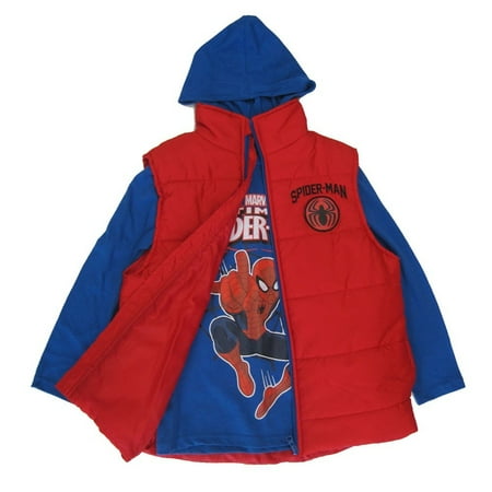 Boys Royal Blue Red Spiderman Print Hooded Shirt Puffer Vest 8-16