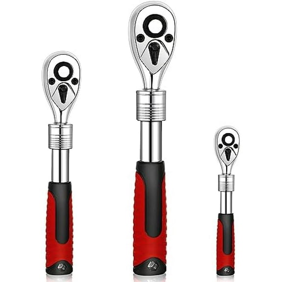 3 Pieces Extendable Ratchet Set 1/4 3/8 1/2 Inch Drive Retractable Socket Wrench 72 Tooth Quick Release Reversible Gear Torque Spanner Ratchet Wrenches Set with Soft Grip Handle