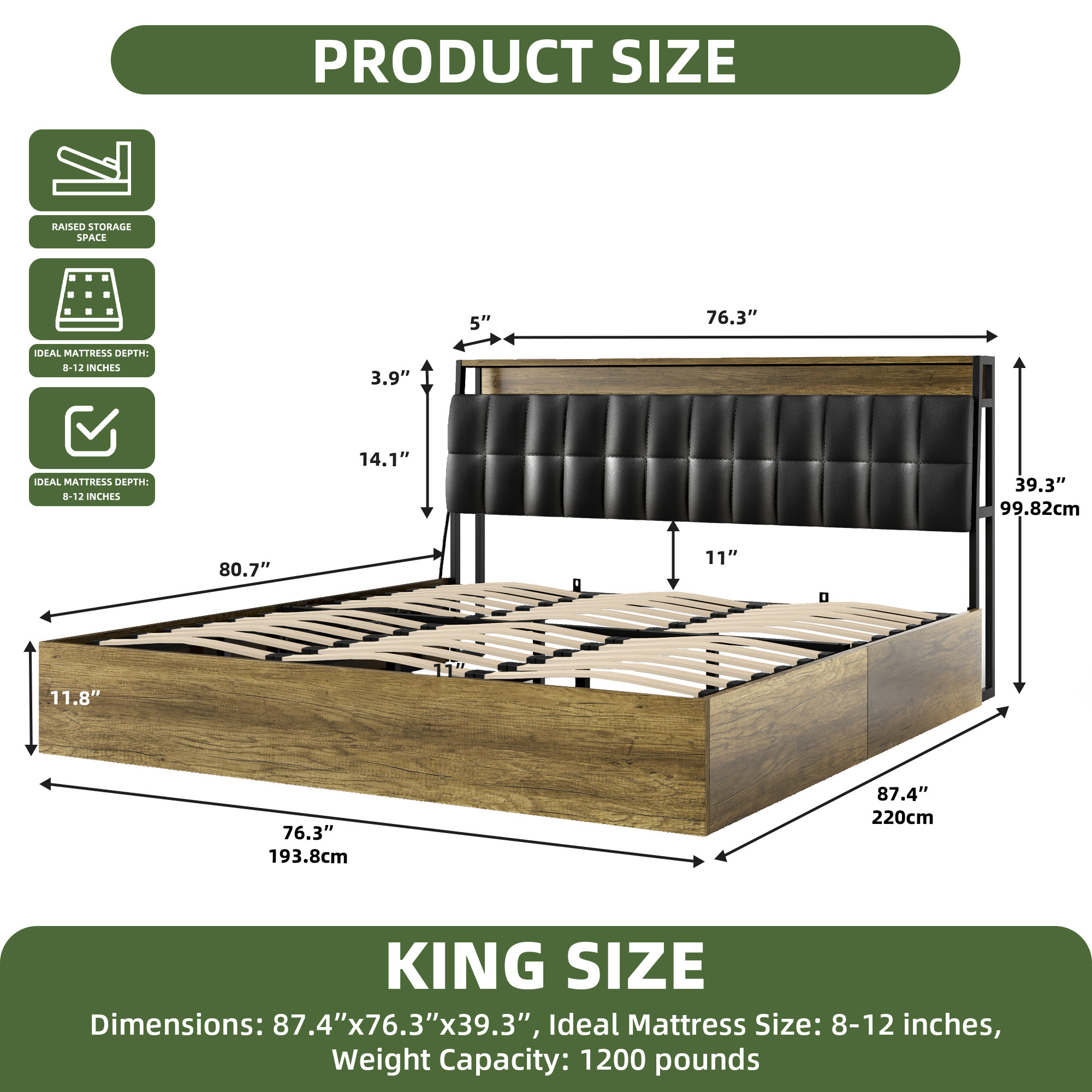 Uforic King Size Bed Frame with Lift Up Storage, Upholstered Bed Frame with Power Outlets & PU Headboard, Oak