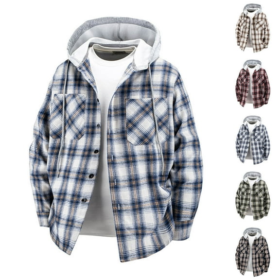YFNNUP Men's Big and Tall Flannel Hoodie Shirts Casual Button Down Plaid Shirt Jackets for Men Long Sleeve Hooded Coats with Pocket Red M