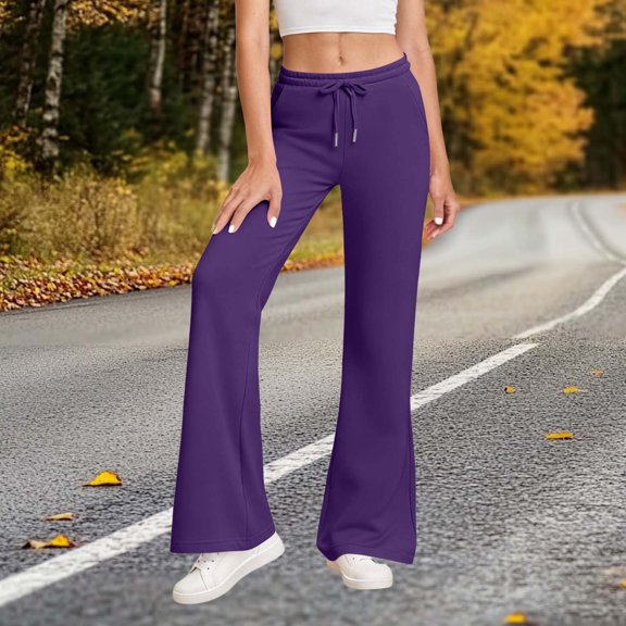 Guieoi Women Leggings under $5 Women Solid Color Elastic Waistband Pocket Drawstring Sports And Casual Sweatpants Long Pants Purple XL