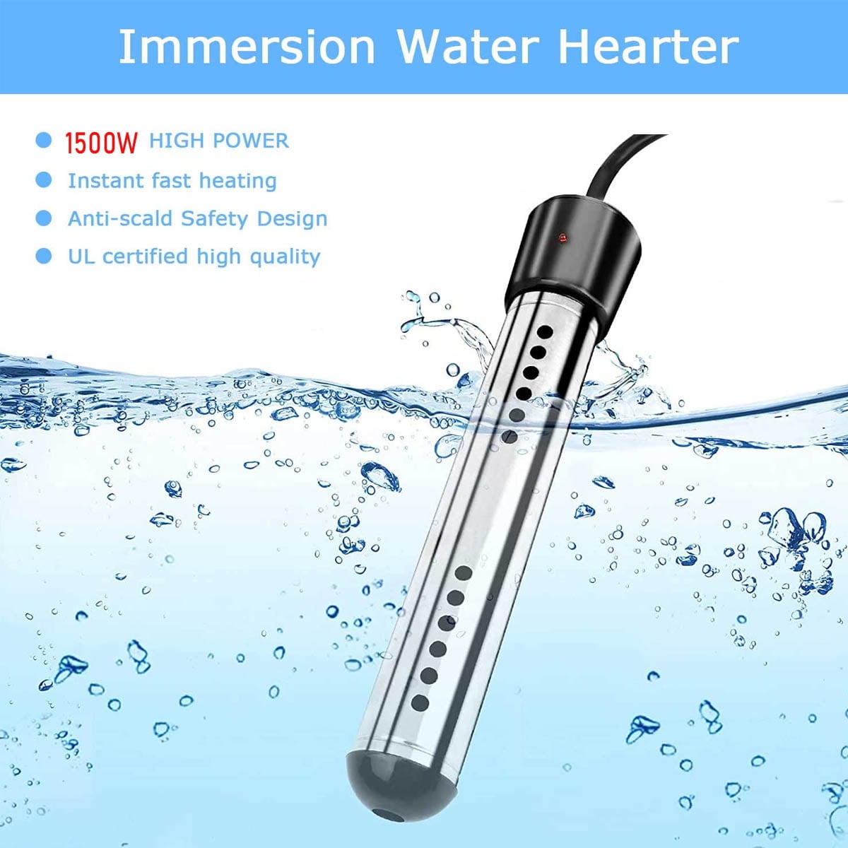Immersion Water Heater, 1500W Pool Heater with 304 SS Guard, Bathtub with Stainless Steel Guard & Digital LCD Thermometer & Wool Scrubber