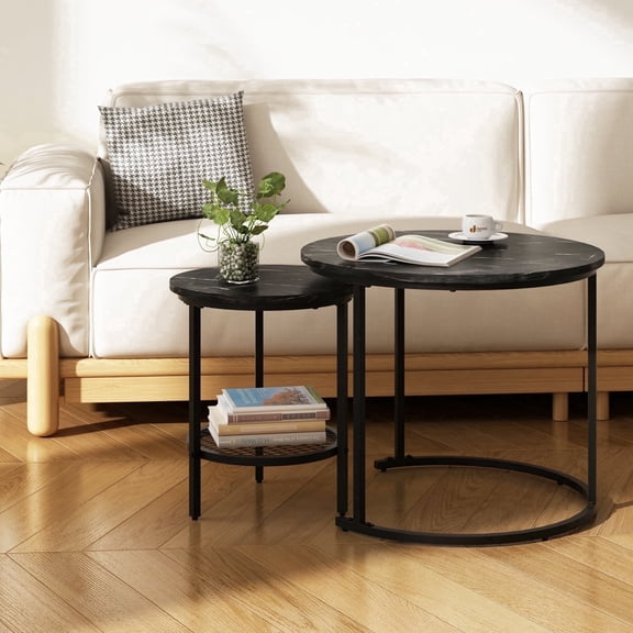 LENLN  Nesting Round Coffee Table Set of 2 Side with Sturdy Metal Frame with Storage Shelf for Living Room Bedroom Modern Industrial Simple Nightstand