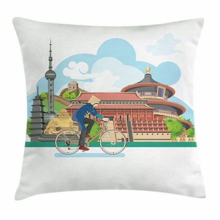 - Ancient China Throw Pillow Cushion Cover, Chinese Elements Traditional Architecture and Costumes Behind a Cycling Man, Decorative Square Accent Pillow Case, 18 X 18 Inches, Multicolor, by Ambesonne