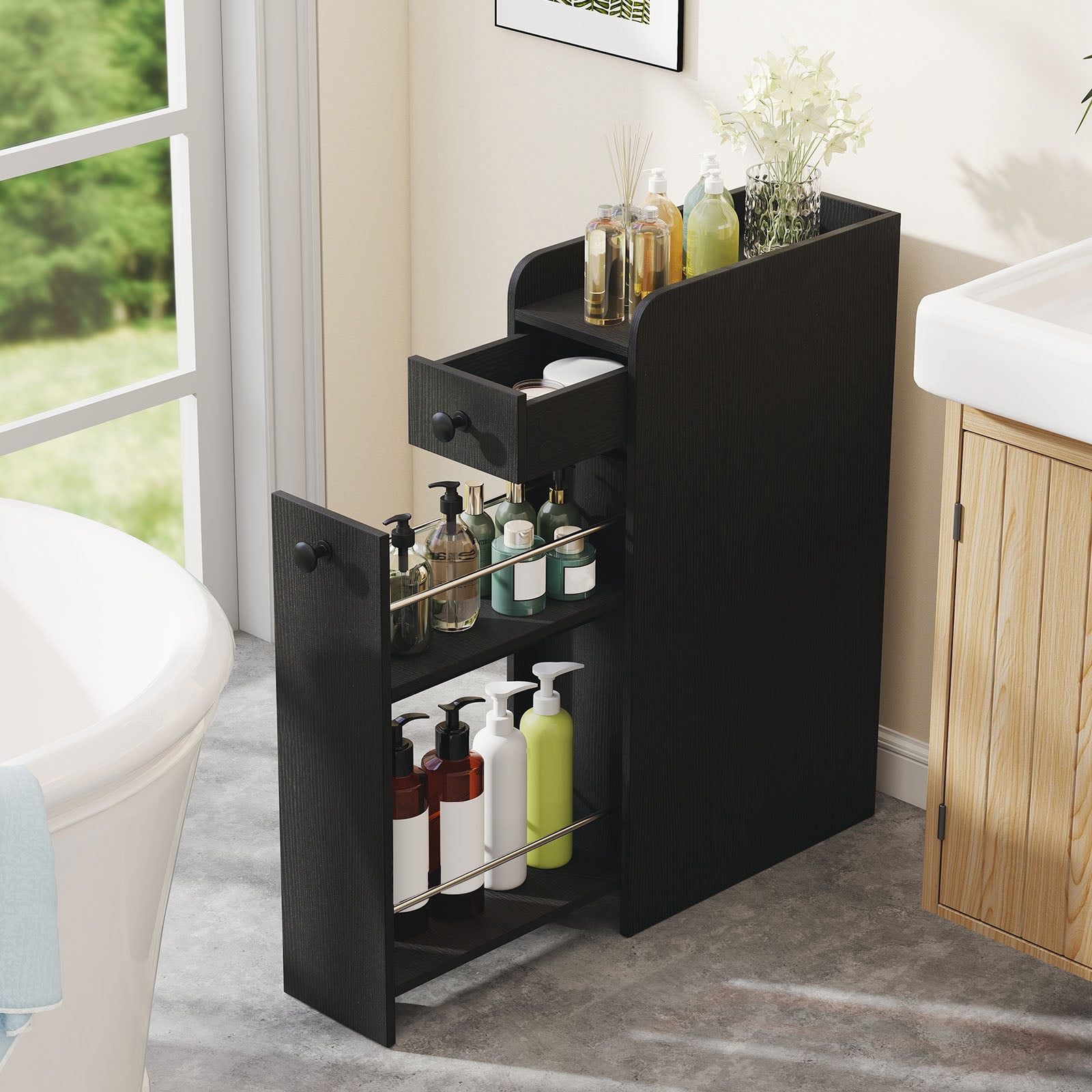 Gymax Slim Storage Cabinet Narrow Bathroom Cabinet w/ Slide Out Drawer & Spacious Top 2 Rolling Wheels Black
