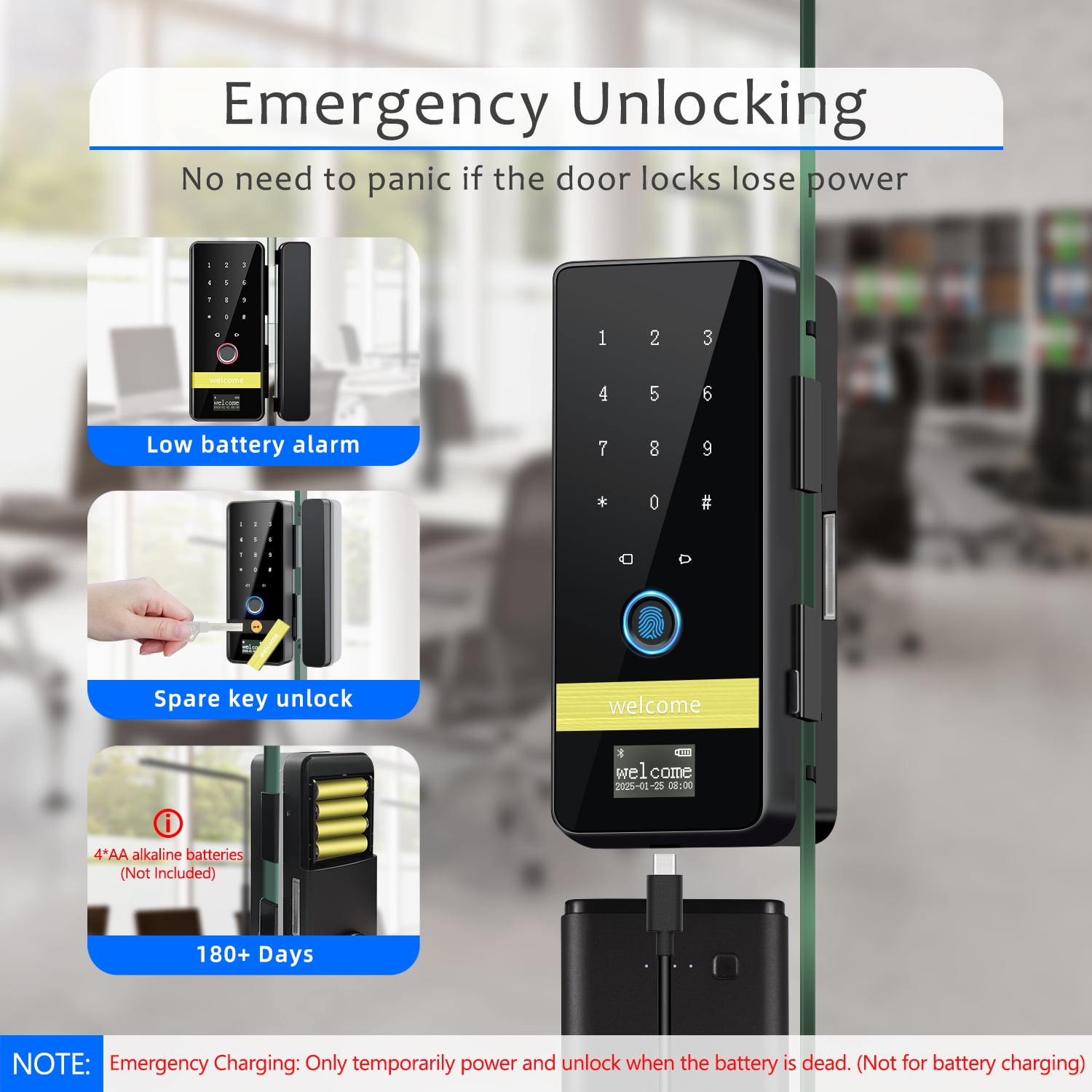 Smart Glass Door Lock,8 in 1 Keyless Entry Fingerprint Deadbolt with App Control,Electronic Deadbolt for Glass Door with Frame,Smart Lock for Glass Front Door/Patio Door/Commercial Glass Door
