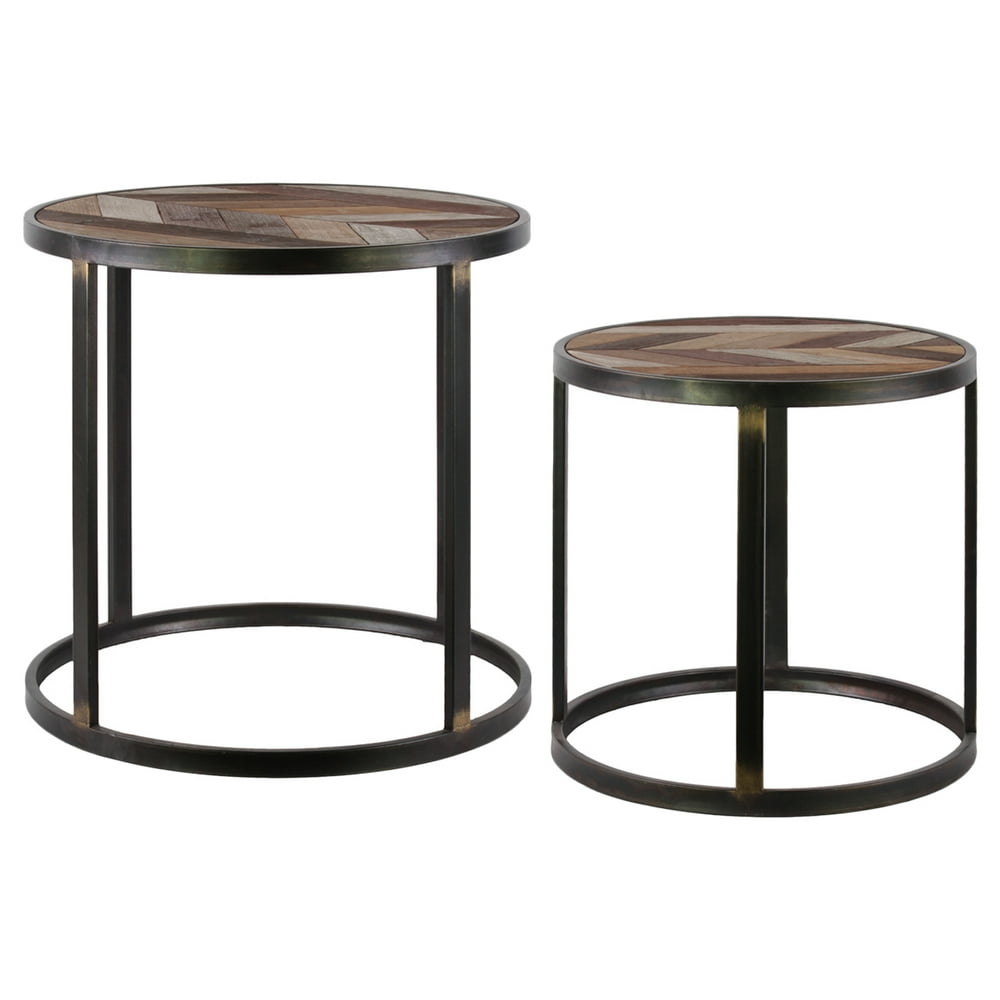 Metal Round Drum Table with 4 Side Hooks, Round Metal Base and Wood